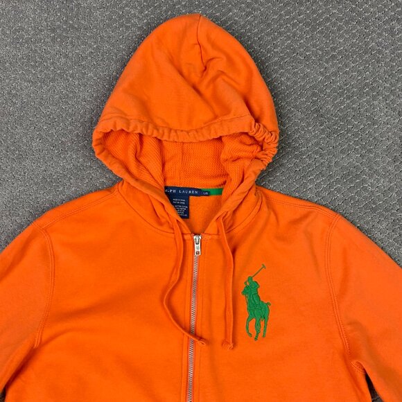 Ralph Lauren Big Pony Hoodie Women's Large Bright Orange Green Full Zip Y2K 90s - Picture 2 of 9